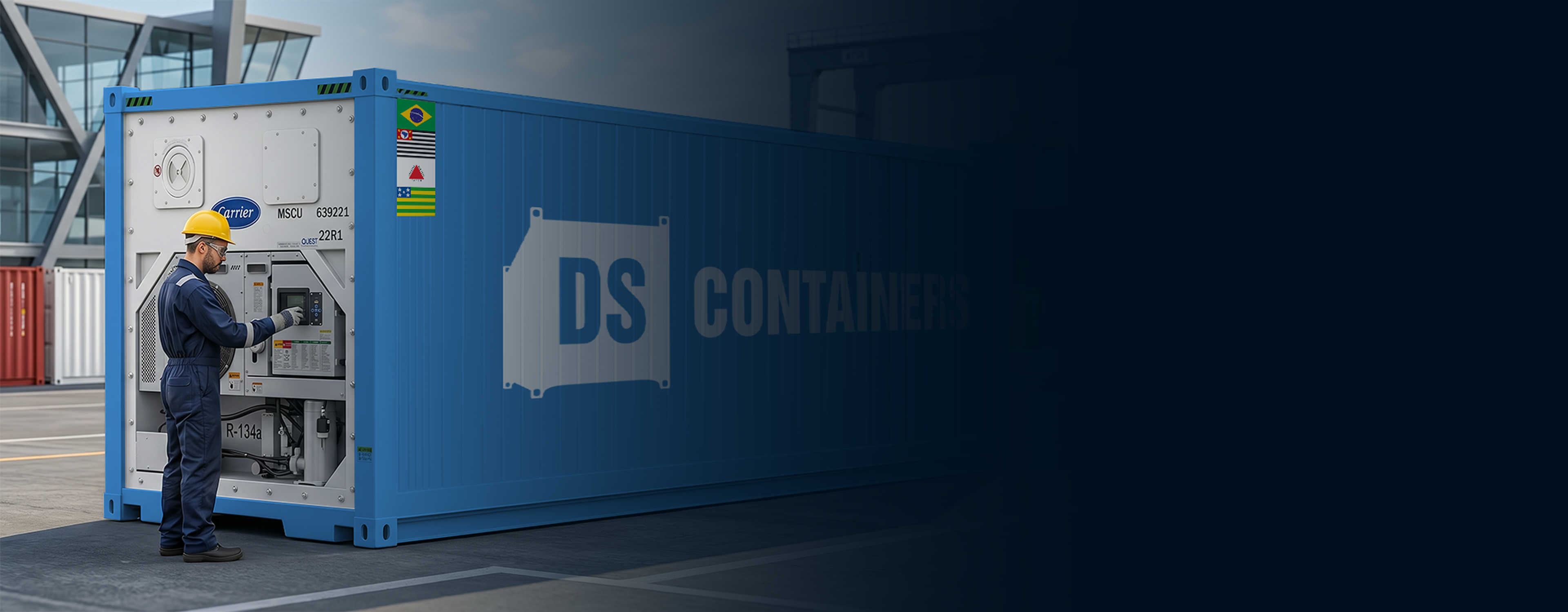 Técnico operando painel do container